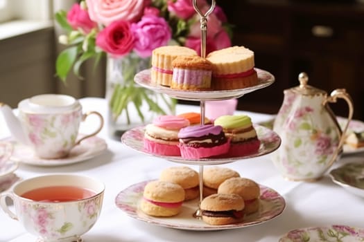 Afternoon tea, English tradition and restaurant service, tea cups, cakes, scones, sanwiches and desserts, holiday table decor and afternoon tea stand with pink flowers, post-processed, generative ai