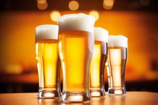Glasses of cold beer with foam, pint of original premium beer drink, alcohol flavour and holiday celebration idea