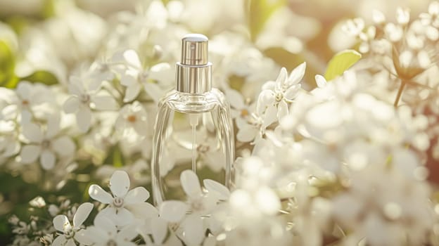 Perfume bottle in flowers, fragrance on blooming background, floral scent and cosmetic product idea