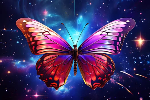 A vibrant butterfly with colorful wings gracefully flies through the clear blue sky, showcasing its unique patterns and beauty as it moves effortlessly in the air.