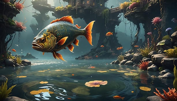 A painting depicting a colorful fish gracefully swimming in a serene pond, surrounded by lush greenery and delicate water ripples. The fishs scales shimmer under the sunlight as it glides through the crystal-clear water.