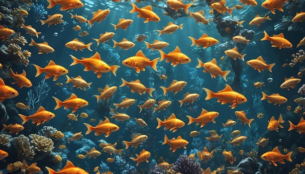 A diverse school of fish of varying colors and sizes swim gracefully in an expansive aquarium tank. Their movements are synchronized as they glide effortlessly through the water, creating a mesmerizing display for onlookers.