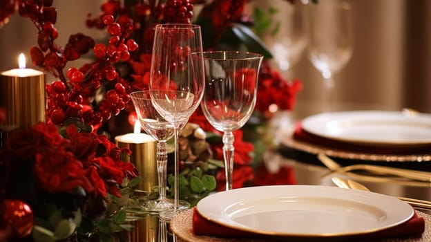 Christmas table decor, holiday tablescape and dinner table setting, formal event decoration for New Year, family celebration, English country and home styling inspiration