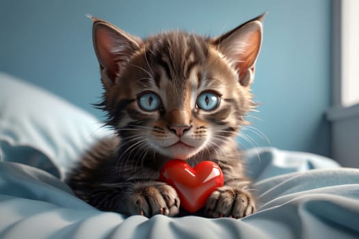 Cute kitten with red heart, isolated on blue background .