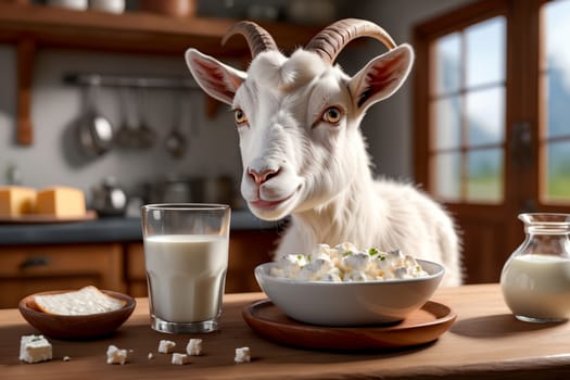 cute goat looking at milk in a glass and dairy products .