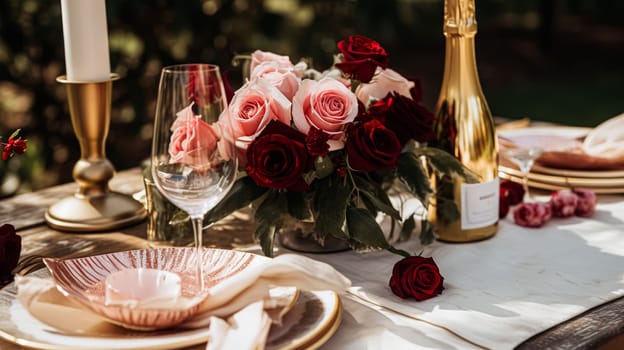 Wedding and event celebration tablescape with flowers, formal dinner table setting with roses and wine, elegant floral table decor for dinner party and holiday decoration, home styling idea