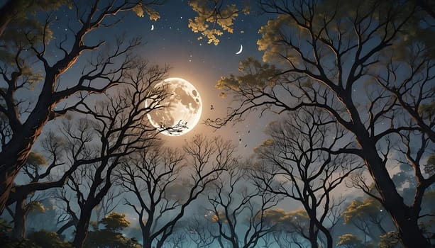 A painting depicting a full moon shining brightly in the night sky over a dense forest. The moonlight casts a soft glow on the trees, highlighting their silhouettes and creating a mysterious atmosphere.