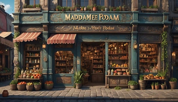 A painting depicting a typical urban street corner, showcasing the storefront of a local business. The scene captures the hustle and bustle of daily life with pedestrians passing by and cars parked along the curb.
