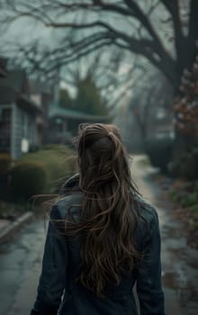 Under the shades of a tree in the forest, a happy woman walks on the grass, her mood lifted by the sound of rain on the twigs as she gazes at the sky