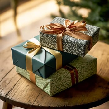 Christmas gifts and presents, country cottage rustic style gift boxes for holiday, boxing day and holidays shopping, post-processed, generative ai