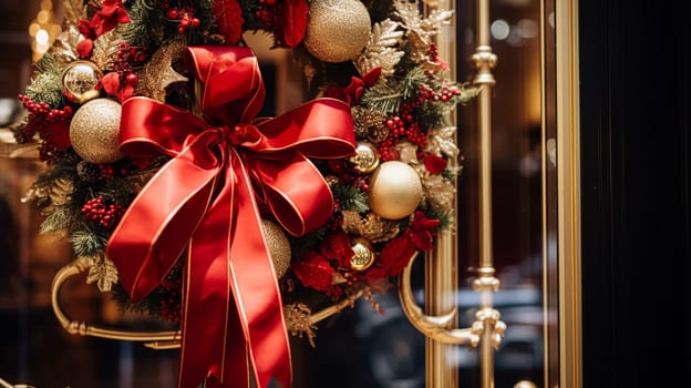 Christmas decoration details on English styled luxury high street city store door or shopping window display, holiday sale and shop decor inspiration