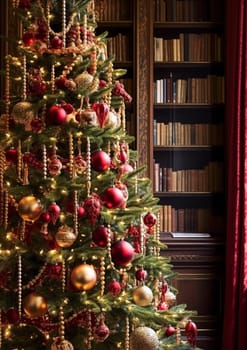 Decorated Christmas tree with classic ornaments and decorations, English country house and cottage style, Merry Christmas and Happy Holidays wishes, post-processed, generative ai