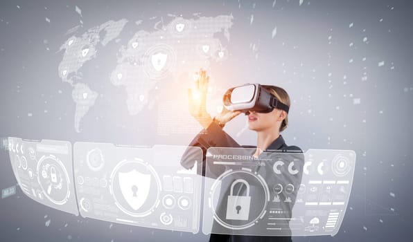 Businesswoman looking and pointing at security protection by using data from global networking communication system. Caucasian investor wearing VR headset to enter visual reality world. Contraption.