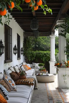 A charming porch on a cottage property with an abundance of furniture and oranges hanging from the ceiling, creating a cozy and inviting atmosphere