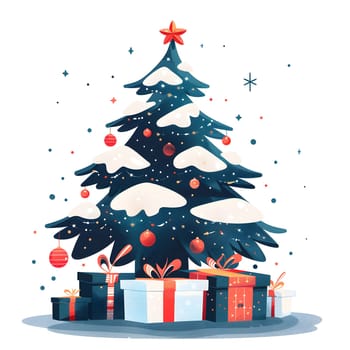 A beautifully decorated Christmas tree adorned with ornaments and a star topper, surrounded by gifts underneath. The tree is lush with evergreen branches, creating a festive holiday atmosphere