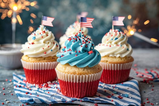 Cupcakes topped with red, white, and blue frosting and small American flags, arranged on a table with striped napkins for an Independence Day celebration.