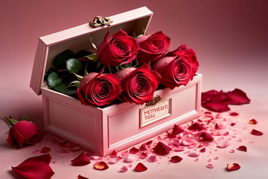 box with beautiful red roses .