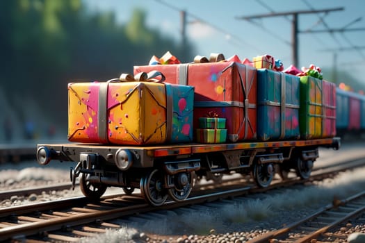 a bright colorful train travels with New Year's gifts .