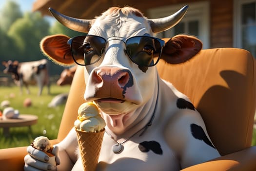 Cute cow in sunglasses eating milk ice cream, farm, countryside .