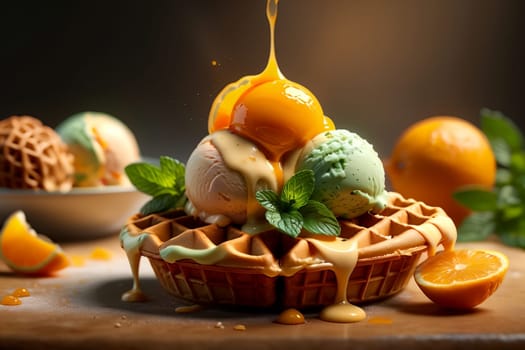 Viennese waffles and balls of juicy mint orange ice cream .