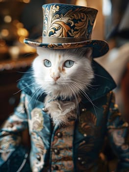 A Felidae wearing an electric blue top hat and jacket. Its whiskers stand out against the costume hat, making it a stylish feline ready for any event