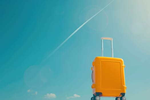 Travelers dream vintage suitcase against blue sky with clouds adventure, wanderlust, journey, vacation, travel concept photo