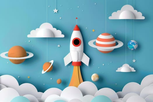 Adventure in the stars rocket flying through sky with planets and clouds background