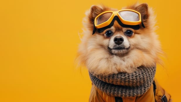 Adorable pomeranian dog in goggles and scarf on vibrant yellow background for stylish travel fashion shoot