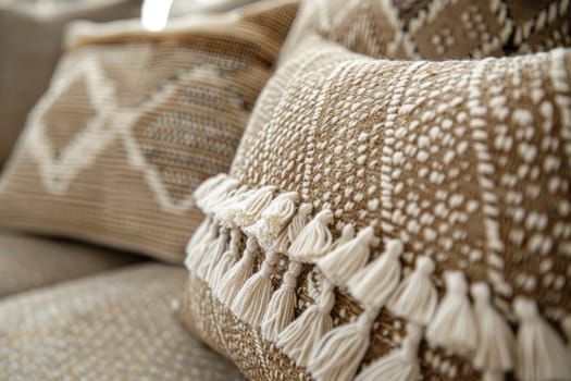 Decorative pillows with tassels and fringe in close up view for home interior design inspiration