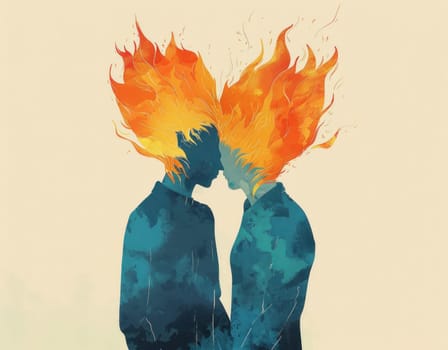 Fiery encounter two people facing each other with flames coming out of their heads in artistic display of emotions and power