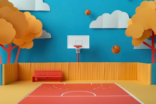 Scenic basketball court with treelined bench and blue wall decorated with paper cutouts of trees