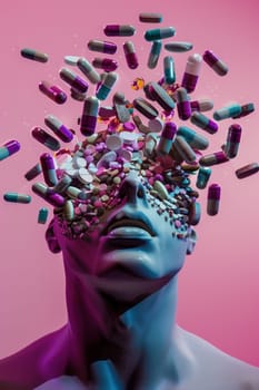 Man's head surrounded by pills spilling out symbolizing overmedication and health issues