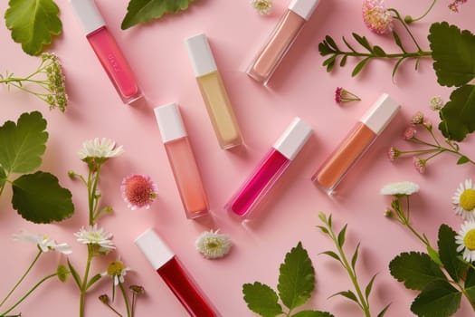 Lip glosses and blooms beauty essentials surrounded by flowers and greenery in a pink setting