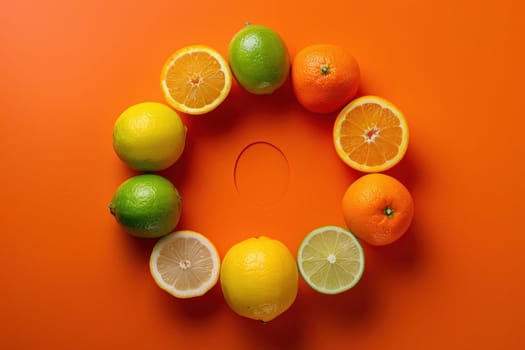 Fruit medley circle on vibrant orange background for healthy lifestyle and nutrition concept