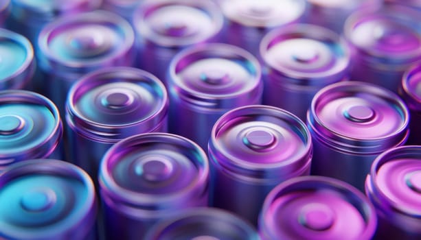 Group of purple and blue batteries in closeup shot for technology and energy concepts