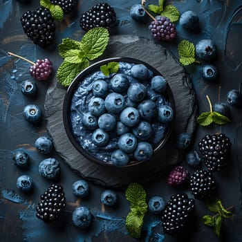 A bowl of natural foods, featuring a mix of blueberries and blackberries on a table. This superfood contains boysenberry, a seedless fruit, and is a popular ingredient in Frutti di bosco desserts