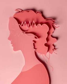 Heartshaped haircut symbol of beauty and love in a paper cut portrait of a woman's head