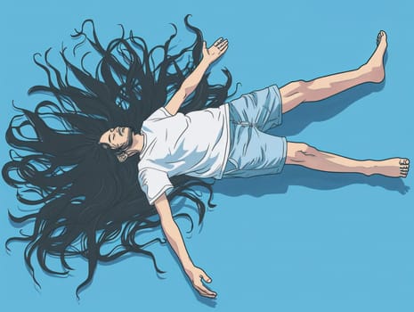 Woman with long hair laying on back in relaxing blue background beauty and relaxation concept illustration