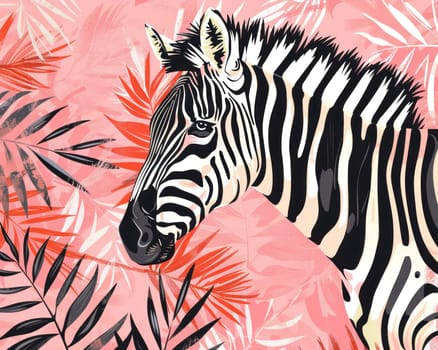 Tropical paradise majestic zebra in vibrant jungle setting surrounded by pink and red foliage
