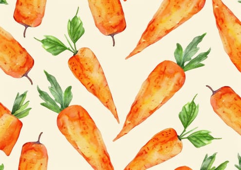 Watercolor carrots seamless pattern on beige background for kitchen decor and culinary designs