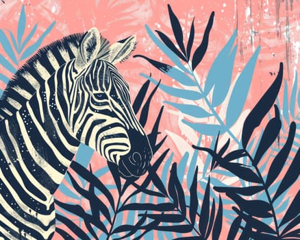 Zebra standing majestically in lush jungle surrounded by tropical plants on vibrant pink background
