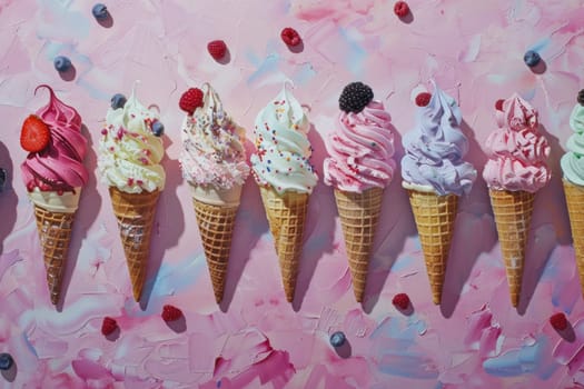 Sweet summer treats colorful ice cream cones with berries and toppings on pink background