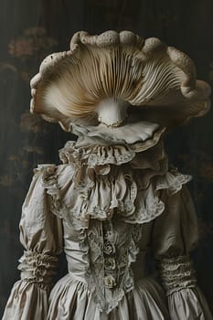 A classical sculpture of a woman in a dress with a mushroom head, carved from wood. The statue features intricate details, flowing sleeve, and a wing in a fusion of art and fashion design