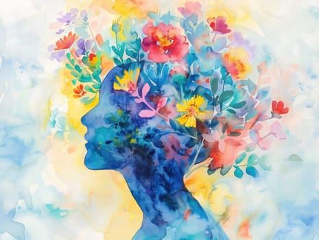 Woman's head with flower hair watercolor painting of beauty and elegance with floral accents