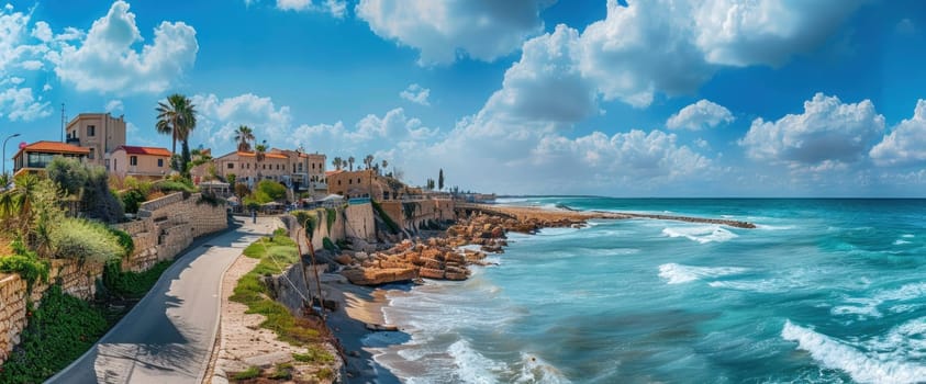 Summer seascape with beautiful houses on the coast of israel a serene view of travel and beauty