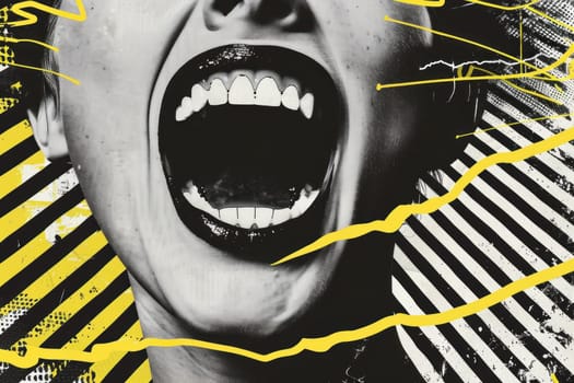 Opened mouth in front of vibrant yellow and black striped background expression of beauty and art