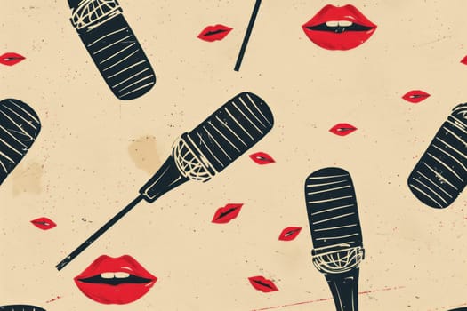 Microphone and lips pattern on beige background with microwave words for fashion and beauty concept