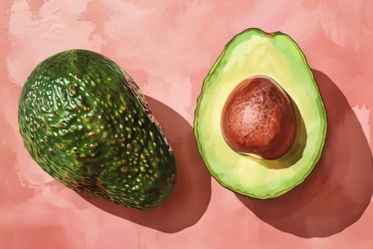 Avocado still life on pink background with halves, fruit, healthy eating, food, art, freshness, nutrition