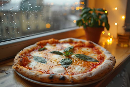 A pizza with basil and cheese sits on a wooden board in front of a window. The rain outside can be seen through the window, creating a cozy atmosphere