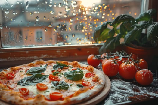 A pizza with basil and cheese sits on a wooden board in front of a window. The rain outside can be seen through the window, creating a cozy atmosphere